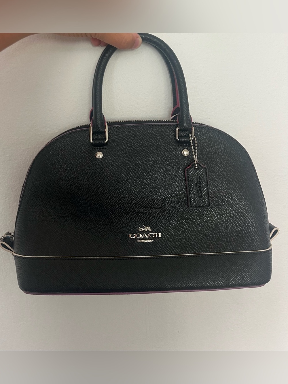 Coach Black Leather Dome Satchel with Silver Logo and Pink Trim